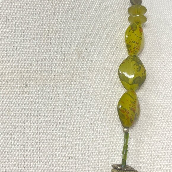 Treska Beaded Long Necklace Green Stone Porcelain Glass Boho Chunky Signed - Picture 12 of 13